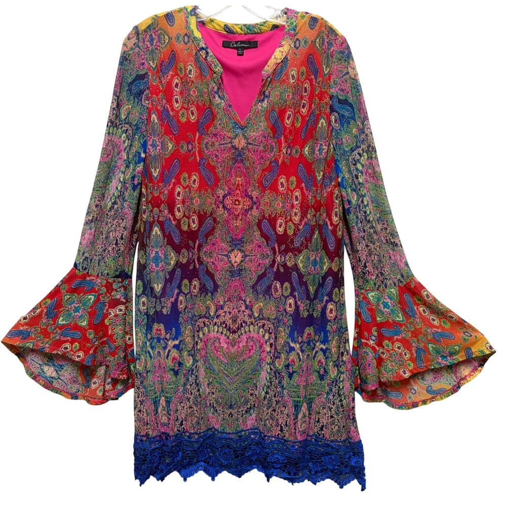 Caleesa Womens Paisley Bell Sleeve Tunic Top Metallic Lace Trim V-Neck Multi L